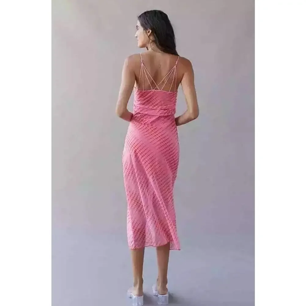Urban Outfitters Dress Y2K Pink Wild Side Draped Feminine Strappy Midi Med Boho - Picture 2 of 5